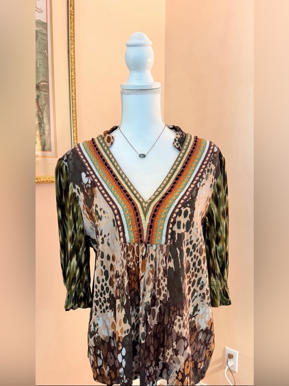V-Neck Mixed-Print Boho Blouse in Olive and Brown